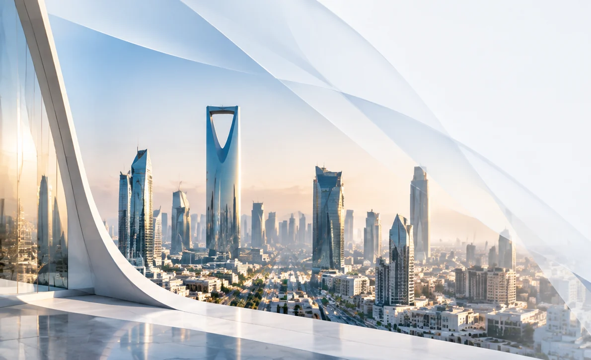 أفق مدينة الرياض وبرج المملكة من خلف واجهة معمارية منحنية